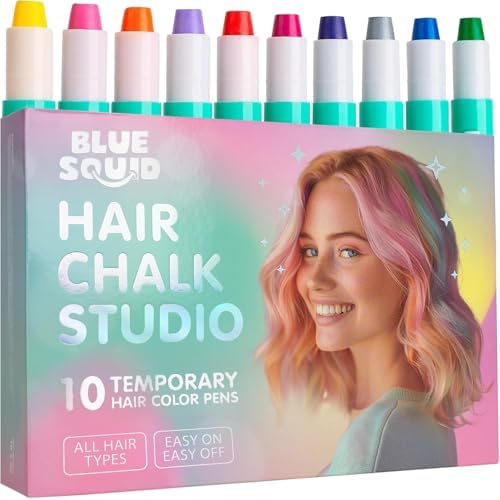 Blue Squid Hair Chalk for Girls Pens ? 10 Dustless Vibrant Temporary Hair Color for Kids - Ideal Christmas, Birthday Gifts for Girls & Teens - Kid Safe, Washable Hair Dye for Ages 6 7 8 9 10 11 12