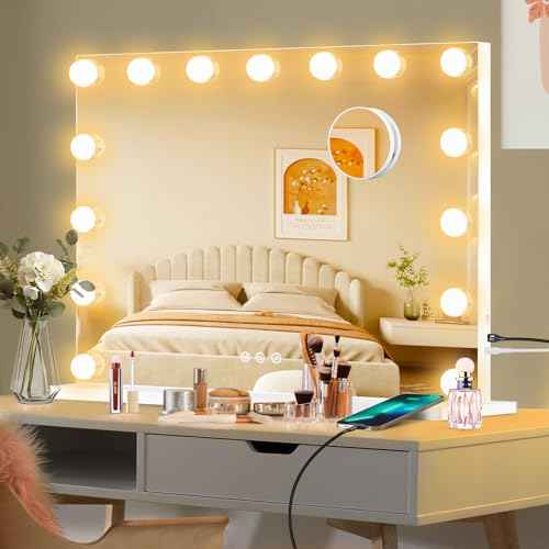 Moonee Vanity Mirror with Lights, Hollywood Lighted Makeup Mirror with 15 Dimmable Bulbs and 10X Magnification, 3 Colors Modes, Aluminum Metal Frame, Light Up Mirror for Tabletop or Wall£¨23" x 18"£©