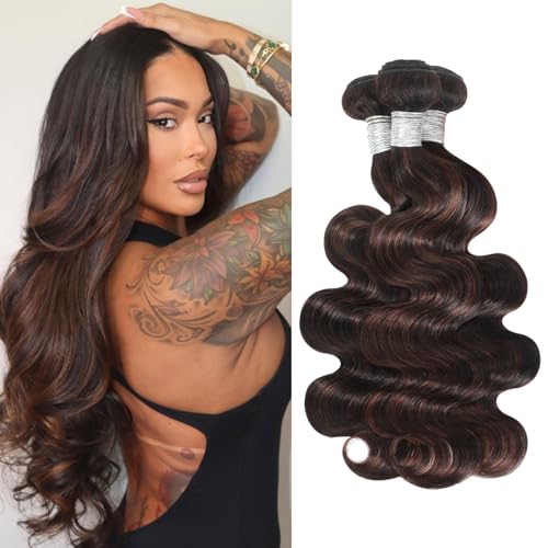 Brown Highlight Body Wave 3 Bundles Human Hair 10 12 14 Inch, 12A 2-Tone #F2/4 Dark Brown with Chestnut Streaks Ombre Human Hair Bundles 100% Virgin Real Hair Wavy Weave Thick Track Sew in Remy
