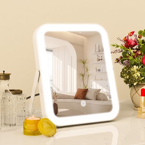 8x10 Inch Lighted Vanity Mirror, 3-Color Dimmable LED Lighting & Touch Control, Portable Makeup Mirror with U-Bracket for Travel/Dressing Room (White)