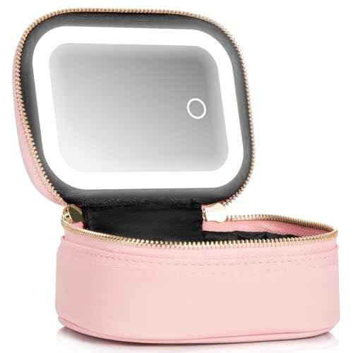 Small Makeup Bag with Led Mirror, Mini Travel Make up Bag 3 Light Modes Adjustable Brightness, for Women Organizer Cosmetic Bag, Portable Travel Train Toiletry Bag, for Pool Parties Work Touch-Ups