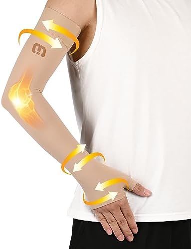 MGANG Lymphedema Compression Arm Sleeve with Gauntlet for Women Men, Opaque, 20-30 mmHg Medical Graduated Compression Full Arm Support, Thumb Lymph Edema Arm Sleeve, Pain Relief, Arthritis, Beige XXL