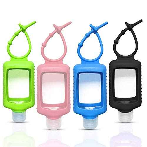 4 Pack Travel Size Plastic Clear Bottles w/Silicone Sleeve Refillable Empty Squeeze Containers Leakproof Flip Cap Keychain Bottles Hand Sanitizer Holder for Backpack Travel Outdoor (60ml/2oz) (A)