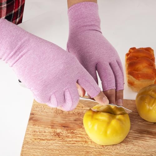 2 Pairs Arthritis Compression Gloves for Women Men, Fingerless Breathable & Moisture Wicking Compression Gloves for Relieving Carpal Tunnel Aches, Rheumatoid Pains, Joint Swell Purple S