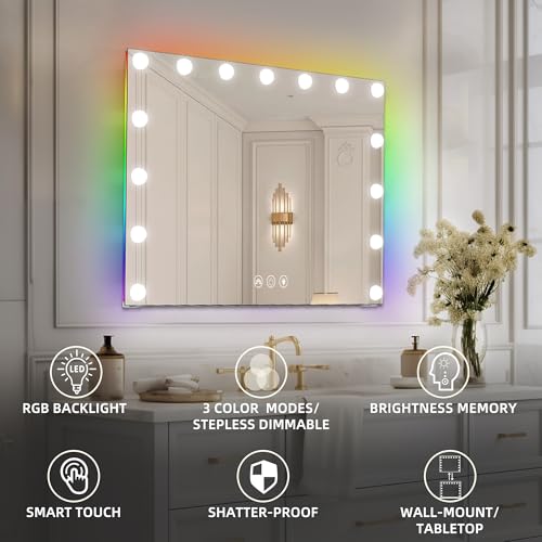 Hansong RGB Vanity Mirror with Lights 23" x 18" LED Hollywood Mirror Makeup Mirror with 15 Dimmable Bulbs and 10X Magnification 3 Colors Modes Touch Control