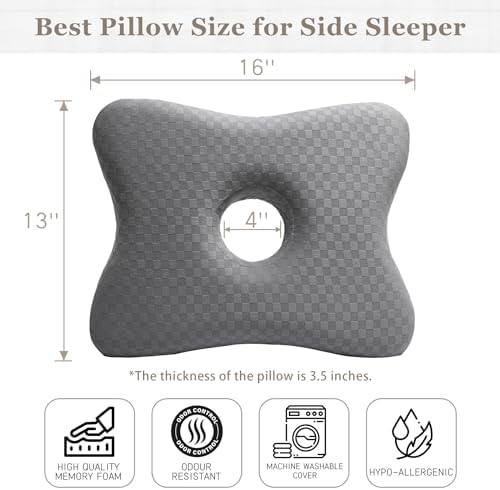 Piercing Pillow | Memory Foam Ear Piercing Pillow for Side Sleepers, Pillow with an Ear Hole for Ear Pain Relief, Ear Guard Pillow, Ear Hole Pillow for Piercings, Earplugs, and Headphones (Light Grey)