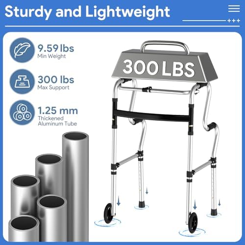 Walkers for Seniors, Folding Walker, Narrow Walkers for Small Spaces, Standard Walker Height Adjustable, Front Wheeled Rolling Walker, Upright Mobility Aid for Seniors and Handicap, Up to 300 Pounds
