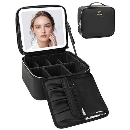 Relavel Makeup Bag with Light Up Mirror, Makeup Case Travel Cosmetic Bags Brush Organizer Storage Box, Rechargeable Vanity Mirror with 3 Color Lights, High Frame Mirror Protection (Black)
