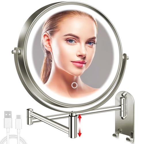 8" Wall Mounted Lighted Makeup Mirror, 3000mAh Rechargeable Double Sided 1X/10X Magnifying Mirror with Hook, 3 Color Lights Touch Dimmable 360¡Æ Rotation Vanity Mirror for Bathroom