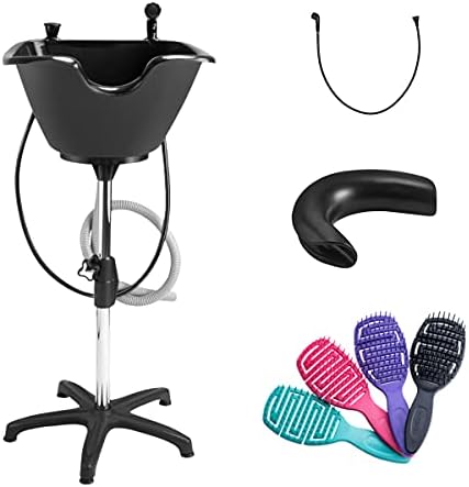 Dompel Bundle Portable Shampoo Bowl with Headrest and Set of 4 Hair Brushes, Portable Wash Bowl for Hairstylist and Handicap & Disabled, Seniors, Home Services, Chrome Steel Structure, 22 L