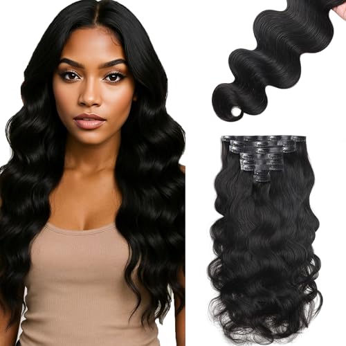 Loxxy Body Wave Clip in Hair Extensions, 20 Inch Natural Black Body Wave Seamless Clip Ins Human Hair Extensions #1B 7Pieces 110g PU Weft Easy Application
