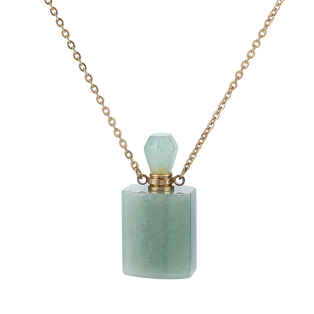PH PandaHall Stone Essential Oil Necklace, Natural Green Aventurine Perfume Bottle Necklace Rectangle Crystal Perfume Vial Necklaces with Golden Chain for Women Jewelry, 1 Piece