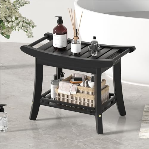 Bamboo Shower Bench Chair Bathroom Shower Stool Seat for Inside Shower Bathtub with Storage Shelf Shower Foot Rest for Shaving Legs 25.2 x 13 x 19.2 Inches Black