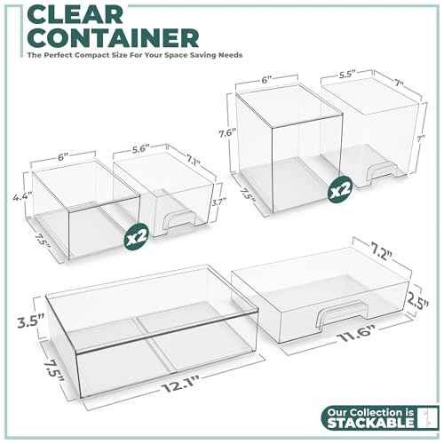 Sorbus Acrylic Storage Containers - 5 Pack, Stackable Storage Bins Set for Bathroom Organization - Clear Acrylic Drawer Organizers - Makeup Case Pull-Out Drawers (7.6¡¯¡¯ and 4.4¡¯¡¯ Tall and 12.1¡¯¡¯ Wide)