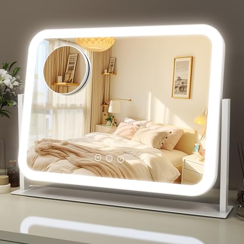 Lighted Makeup Mirror, 17"x13" Vanity Mirror with Lights and 10X Magnification, 3 Color Lighting Modes, Smart Touch Control, 360¡Æ Rotation for Bedroom or Tabletop (White)