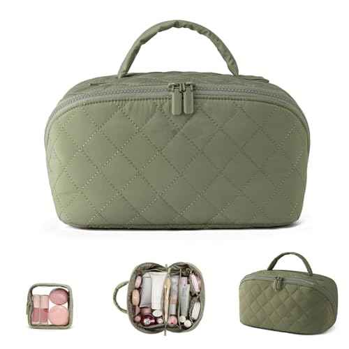 Petition Makeup Bag for Woman, Festivalment Makeup Bag, Wide Open Lay-Flat Water-Resistant Cosmetic Case, Puffy Padded Organizer for Toiletries & Brushes Large Capacity with Compartments (Green)
