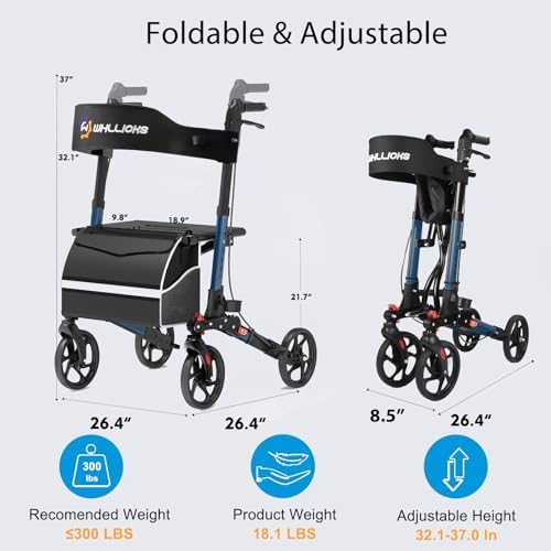 Rollator Walkers for Seniors with Seat, No Assembly Foldable 8" Non-Slip Big Wheels All Terrain Lightweight Durable Aluminum Rolling Walker with Comfortable Backrest