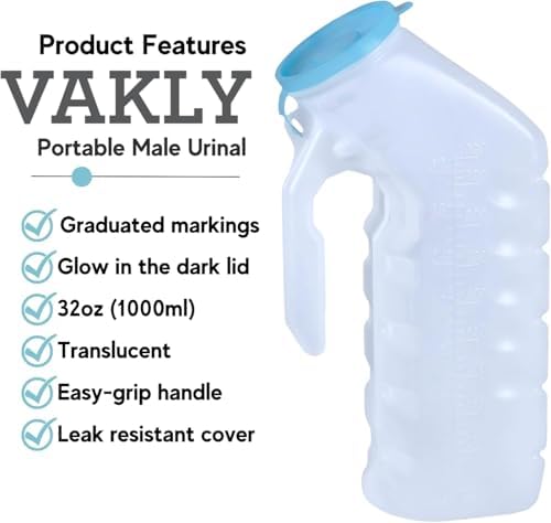 Vakly Male Urinal with Glow in The Dark Spill Proof Cover [32oz -1000ml ] Portable Pee/Urine Container Bottles for Men Used for Car, Hospitals, Incontinence, Emergency and Travel (12)