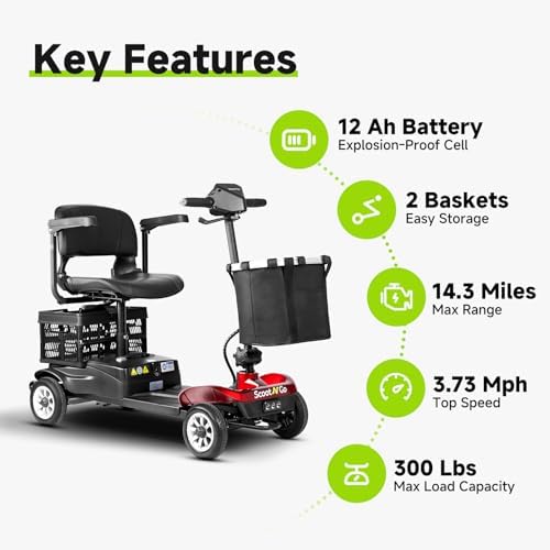 Mobility Scooters for Seniors& Adults Foldable Powered Wheelchair Device with Dual Detachable Baskets 4 Wheel Mobility Scooter with Long Travel Range (Red-Black)