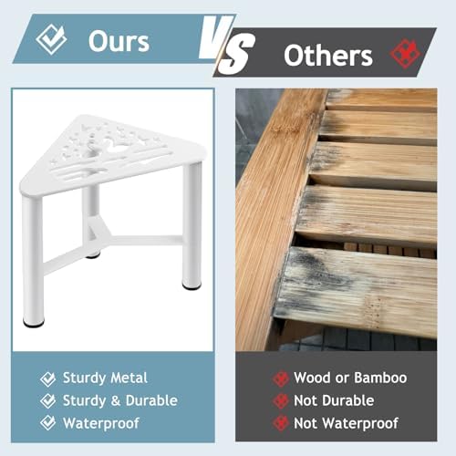 Metal Shower Foot Rest, Small Corner Shower Stool for Shaving Legs, Bathroom Bench for Inside Shower- Small Step Stools to Sit on, Bath Seat Shower with Storage Shelf for Bathroom Spa(White)