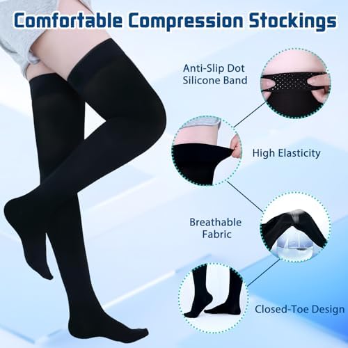 Medical Compression Stockings for Women and Men, 20-30 mmHg Thigh High Compression Socks Women Closed Toe Graduated Compression Socks for Varicose Veins, Edema, DVT, Dot-Top(Black,4XL)