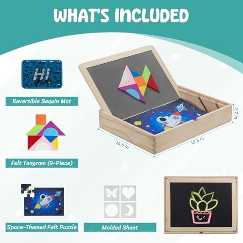 Wooden Sensory Sequin Box |Calm Down Corner Kit with Sensory Sequin Flip Mats,Space-Themed Felt Puzzle & Felt Tangram | Calming Corner Items for Kids -Sensory Room Must Haves