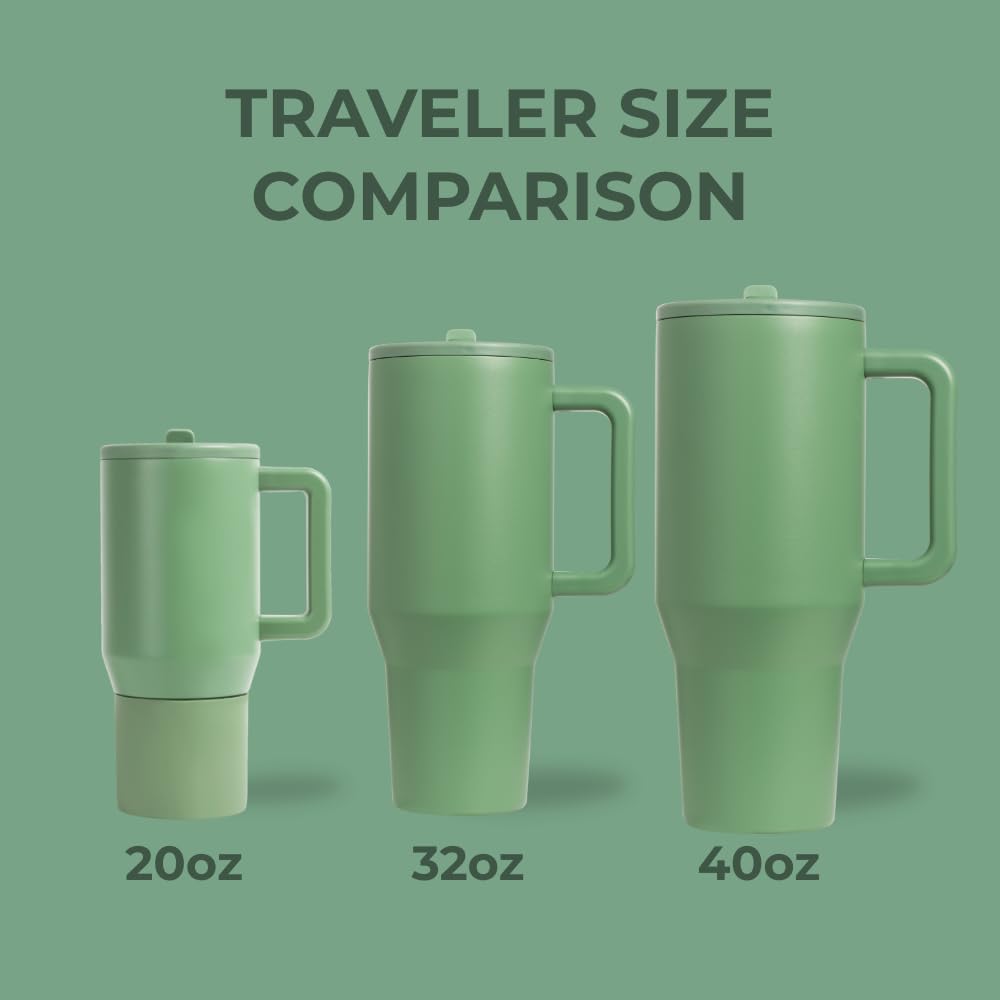 HydroJug Traveler - 32 oz Water Bottle with Handle & Flip Straw - Fits in Cup Holder, Leak Resistant Tumbler-Reusable Insulated Stainless Steel & Rubber Base - Gifts for Women & Men, Sage