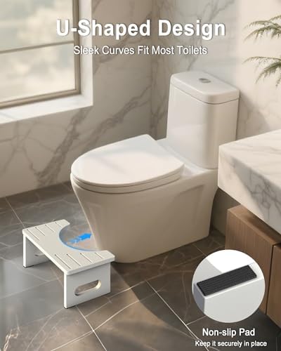 Foldable Toilet Stool, 7 Inches Bamboo Toilet Stool Squat for Adults, Collapsible Poop Stool for Bathroom, Potty Step Stool with Non-Slip Strip (White)