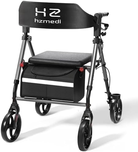 Walkers for Seniors with Seat, 8" Big Wheels Folding Adult Rolling Walker for All Terrain, Dual Adjustable Height Medical Walker with Backrest and Brakes| Metallic Gray