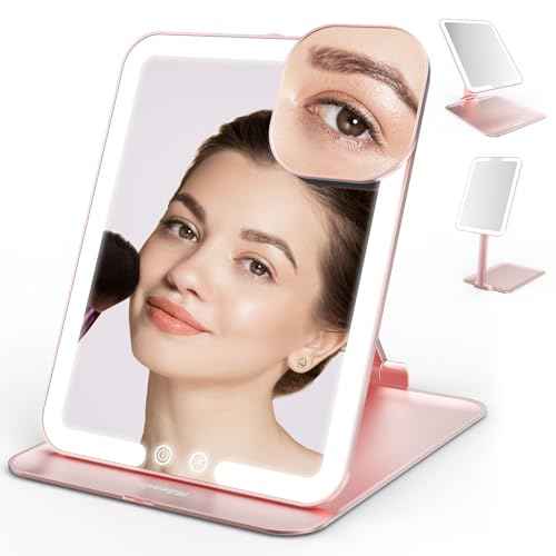 Mocado Travel Makeup Mirror with Light, Tripple Folding Vanity Mirror with Lights, 3 Colors Lighted Makeup Mirror, 1500mAh Rechargeable, Memory Function, Freely Adjust Height and Angle(Rose Gold)