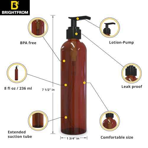 BRIGHTFROM Lotion Pump Bottles, Empty 8 OZ, BPA-Free Refillable Plastic Containers, Amber with Black Dispenser for - Soap, Shampoo, Lotions, Liquid Body Soap, Creams and Massage Oil (3 PACK)