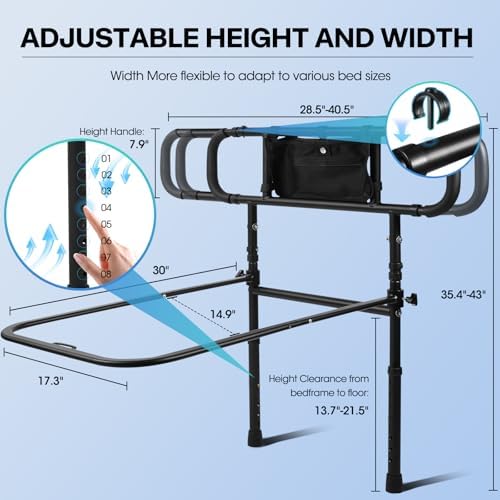 Bed Rails for Elderly Adults Safety, Adjustable Bed Assist Rails, Safety Bed Handle with Leg & Motion Light, Foldable Bed Rails for Seniors, Surgery Patients & Handicap