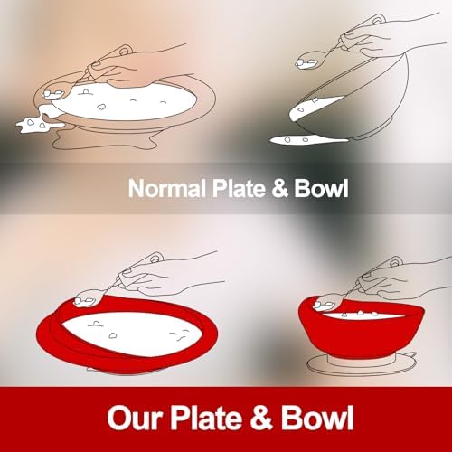 2 Sets Adaptive Utensils Bowl and Plate Set Adaptive Self Feeding Dinnerware with Suction Base Non Slip Bendable Cutlery for Elderly Disabled Hand Tremors Arthritis Parkinson(Red)