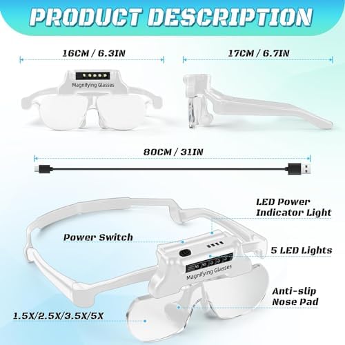 Magnifying Glasses with Lights Rechargeable Headband Magnifying Glasses for Close Work with 5 LEDs, 5X 3.5X 2.5X 1.5X Hands Free Lighted Magnifier for Reading Jewelry Sewing