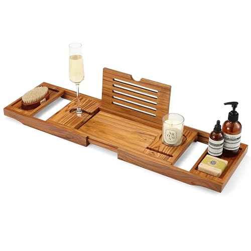 Teak Bathtub Tray, Bathtub Caddy, Expandable Bath Tub Tray Wood, Bath Table Tray&Bathtub Shelf, Luxury Bathtub & Bathroom Accessories and Organizer, House Warming&Wedding Gifts(Large)