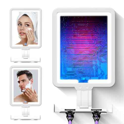 Heated Shower Mirror Fogless for Shaving, 3 Color Dimming Shower Shaving Mirror, 9.5 * 8inch Anti-Fog Shower Mirror with Lights, Wall-Mounted Large Shaving Mirror with Razor Holder