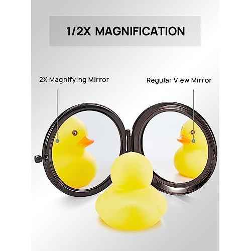 Compact Mirror for Purse, Double-Sided 1X/2X Magnifying Metal Pocket Makeup Mirrors(Round, Onyx Black)