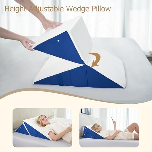 Wedge Pillow for Sleeping, 7-in-1 Adjustable Bed Wedge Pillow for Back/Leg Support, 10" & 12" Triangle Pillow Wedge Elevated Pillows for Sleeping with Handle and Washable Cover, Blue & White