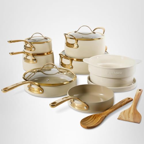 Bloomhouse - Two Time Oprah's Favorite Things Winner - 15 Piece Pots and Pans Heavy Duty Aluminum Premium PFA Free Ceramic Nonstick Cookware Set - Almond Cream w/Gold Handle
