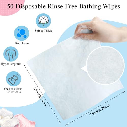 50 Pcs Rinse Free Bathing Wipes Bulk Sponges Bath Wipes All in 1 Shower Rinse Free Bath Sponges Wash Cloths for Campers, Hikers, Adults, Elderly