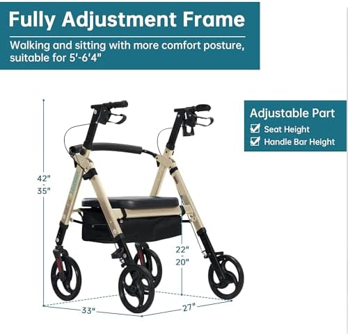 ELENKER Heavy Duty Rollator Walker with Extra Wide Padded Seat and Backrest, Aluminum Bariatric Rolling Walker, 10” Wheels, Support up to 500lbs for Seniors, Adults, Golden