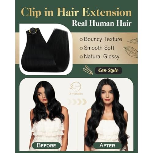 Ugeat Jet Black Clip in Hair Extensions Human Hair 18 Inch Real Hair Clip in Extensions for Beginner Real Human Hair Clip ins No Glue Needed 7pcs 120g Jet Black