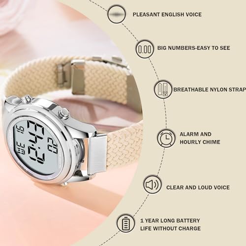 Digital Talking Watch for Ladies with American Accent Voice LCD Big Numbers Watch for Visually impaired, Elderly or Blind People