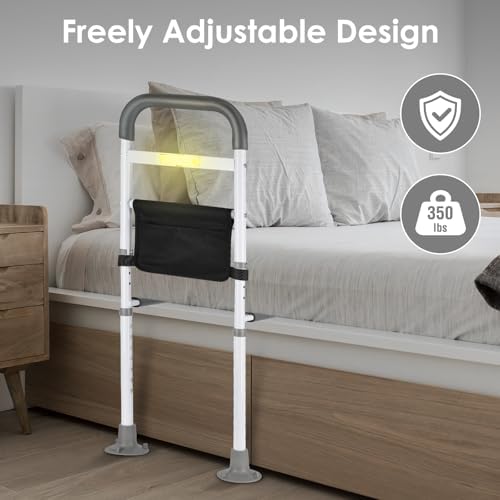 Bed Rails for Elderly Adults Safety Adjustable Bed Assist Handle with LED & Suction Cups - Bed Assist Rails for Seniors, Pregnancy & Mobility Aid 300lbs, Fits Wood/Metal Beds (16.34-19.69" Armrest)