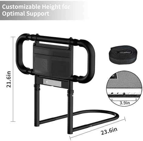 Bed Rails for Elderly Adults Safety: Elderly Assistance Products with Adjustable Double Grips, Storage Pocket, Motion Sensor Light, Items for Elderly Bed Rail, Can Withstand 300lb(Black)