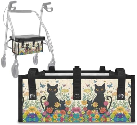LedBack 3 Pcs Sets Universal Fit Walker Seat Cover Rollator Walker Seat & Backrest Covers, Black Cat Flowers Rollator Storage Under Seat Bag, Easy to Install