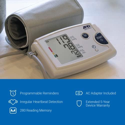 A&D Medical Blood Pressure Monitor for Home Use, UA787EJ Preformed Upper Arm Cuff (9.0-17" / 22-43cm), Easy to Use, One Touch Operation, Avg Memory, 3 Custom Reminders, Carrying Case, AC Adapter