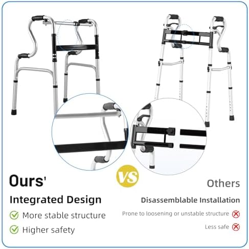 Foldable Walkers for Seniors - Aluminum Stepped Handrail Walker, Height Adjustable Walkers for Seniors, Lightweight Folding Walkers, 2 Wheels with Bearings Available as an Option, Silver