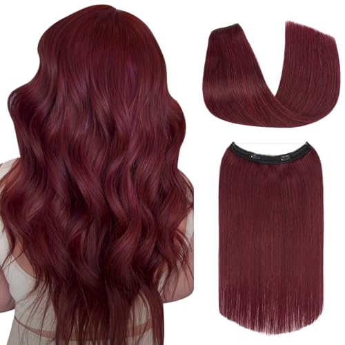 S-noilite Halo Hair Extensions Real Human Hair,Invisible Wire Hair Extensions with Adjustable Fish Line Halo Extensions for Women 16Inch 80G(Wine Red)