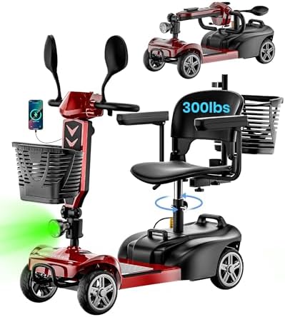 4-Wheel Foldable Mobility Scooters for Seniors, Detachable Battery, Upgraded Large Seat, Electric Scooter for Adults 15-Mile Range, Front & Rear Baskets, USB Port, Dual Mirrors, LED Headlight